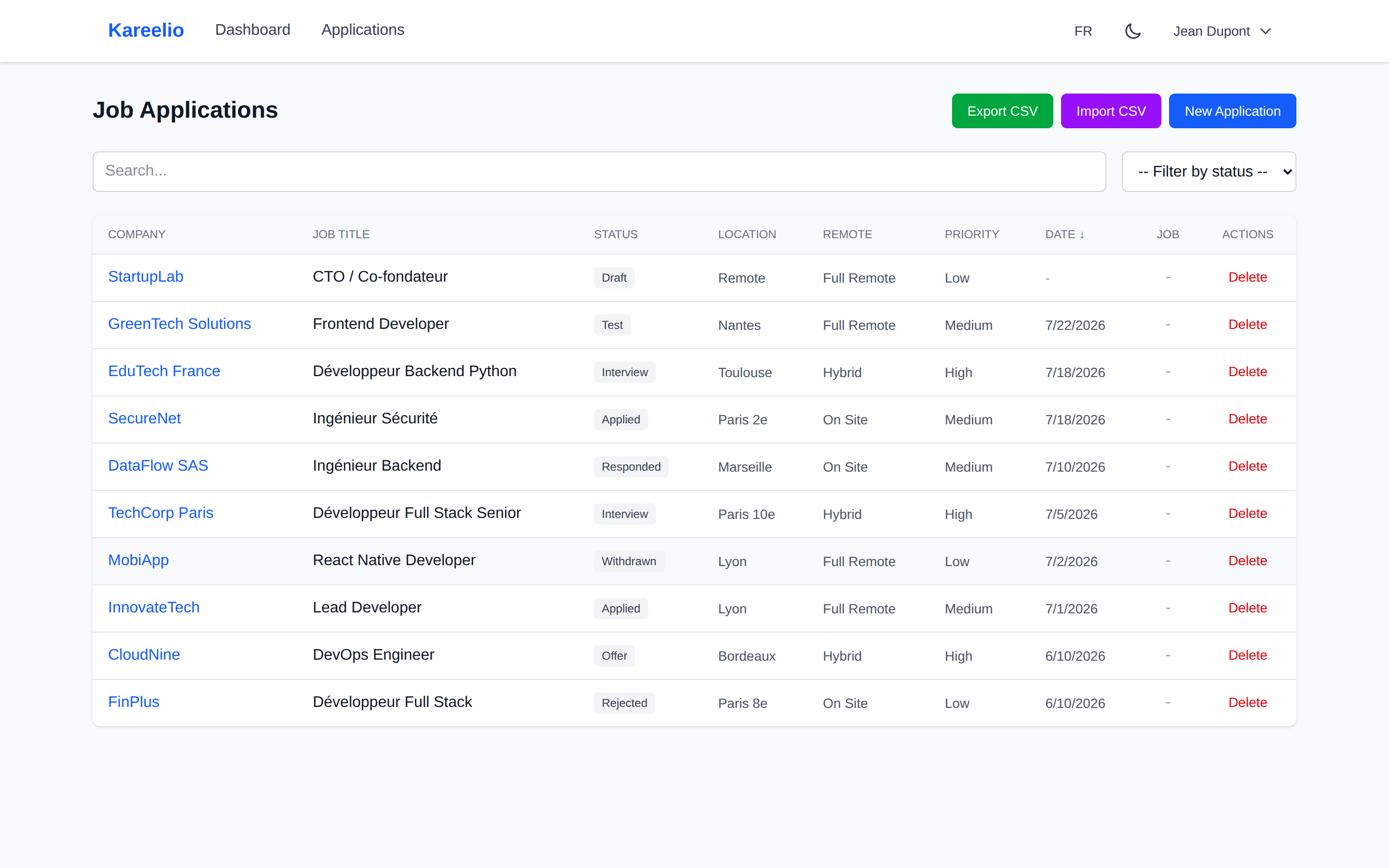 Light dashboard — Applications list